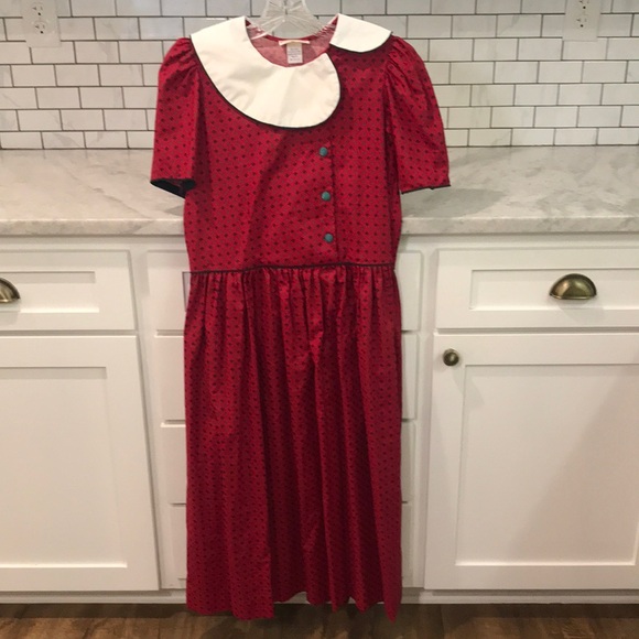 80s Girls Dress Size 14 Red Large Collar  Made in USA Church School Modest Party - Picture 1 of 9